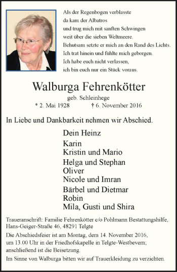 Anzeige von Walburga Fehrenkötter von Westfälische Nachrichten
