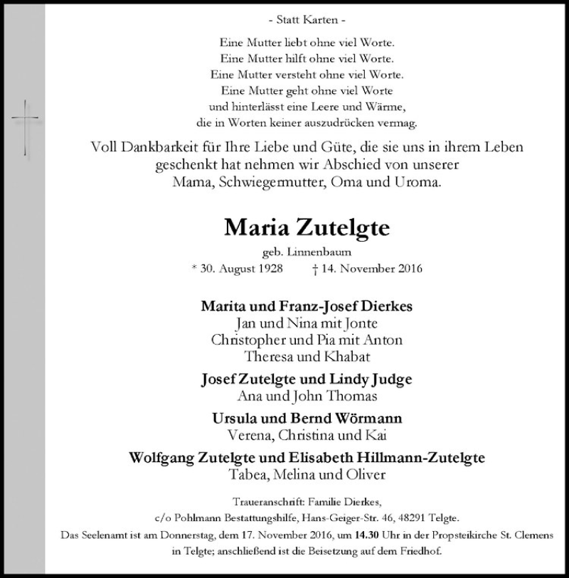  Traueranzeige für Maria Zutelgte vom 16.11.2016 aus Westfälische Nachrichten