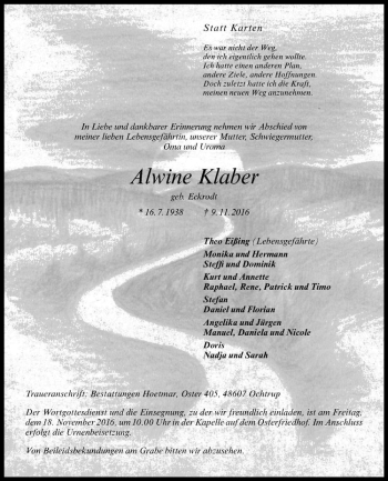 Anzeige von Alwine Klaber von Westfälische Nachrichten