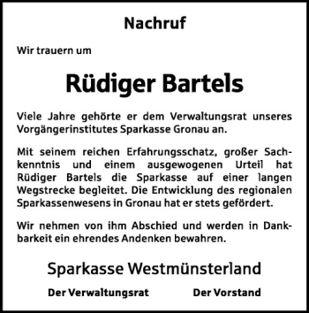 Anzeige von Rüdiger Bartels von Westfälische Nachrichten