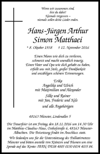 Anzeige von Hans-Jürgen Matthaei von Westfälische Nachrichten