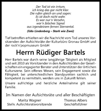 Anzeige von Rüdiger Bartels von Westfälische Nachrichten