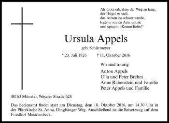 Anzeige von Ursula Appels^ von Westfälische Nachrichten