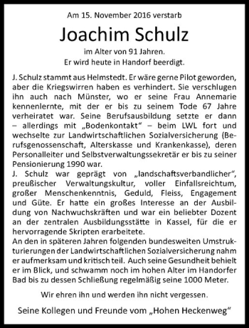 Anzeige von Joachim Schulz von Westfälische Nachrichten
