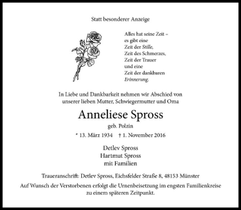 Anzeige von Anneliese Spross von Westfälische Nachrichten