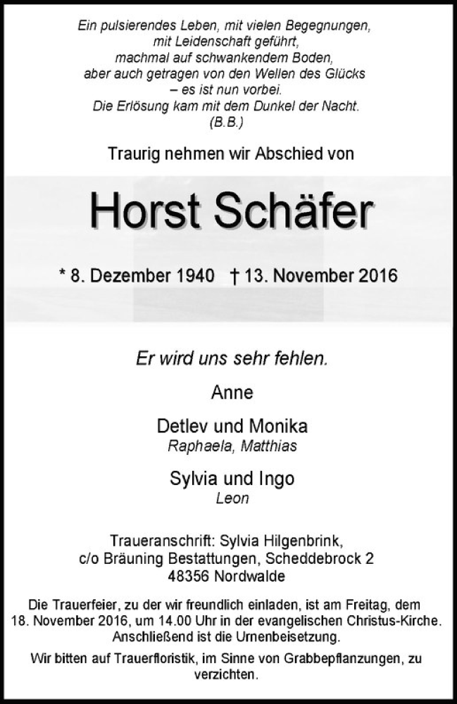  Traueranzeige für Horst Schäfer vom 16.11.2016 aus Westfälische Nachrichten