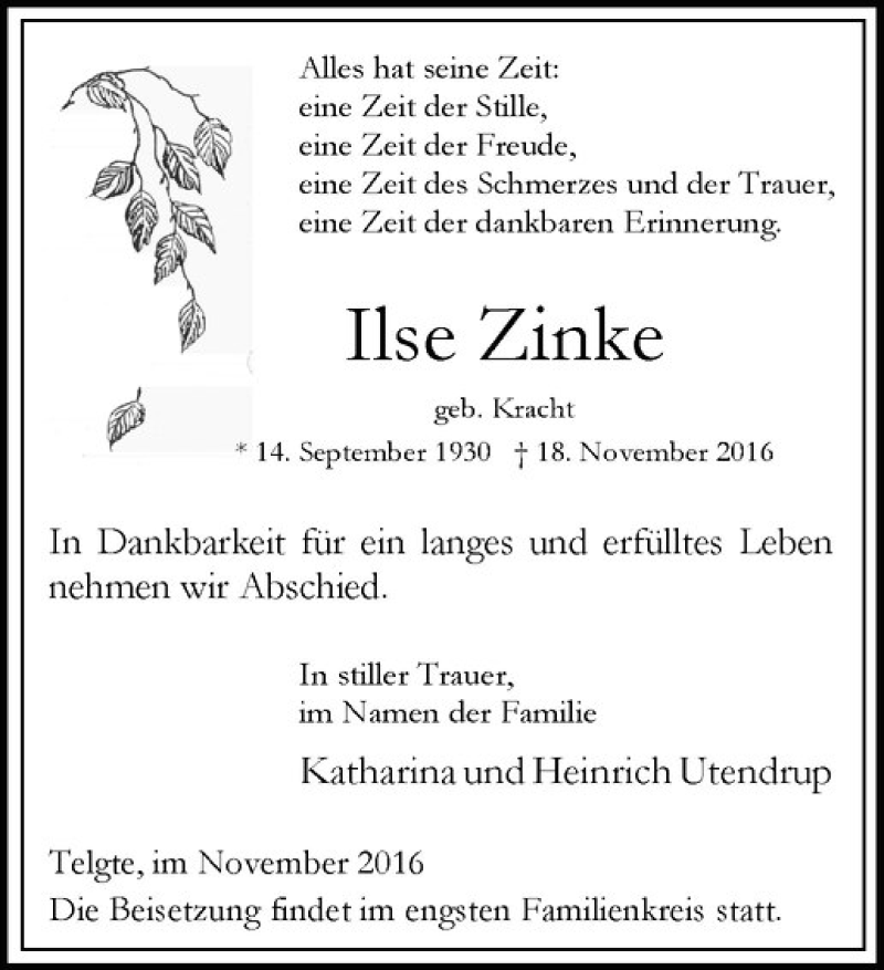  Traueranzeige für Ilse Zinke vom 23.11.2016 aus Westfälische Nachrichten