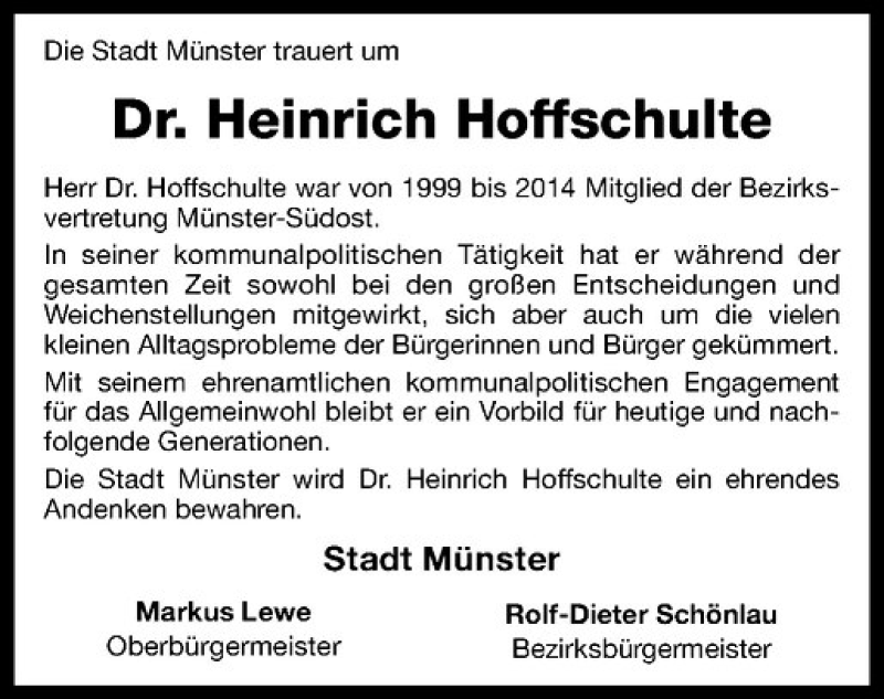  Traueranzeige für Heinrich Hoffschulte vom 04.11.2016 aus Westfälische Nachrichten