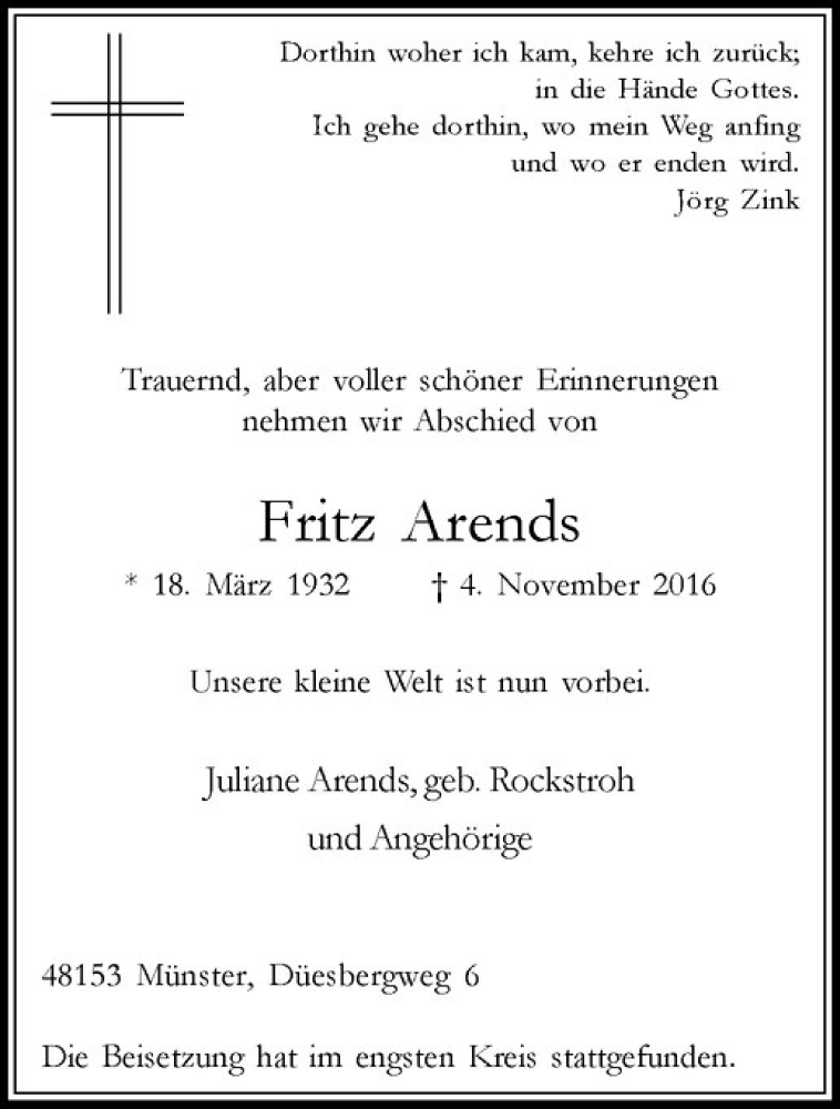  Traueranzeige für Fritz Arends vom 15.11.2016 aus Westfälische Nachrichten