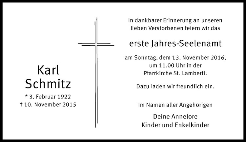  Traueranzeige für Karl Schmitz vom 12.11.2016 aus Westfälische Nachrichten