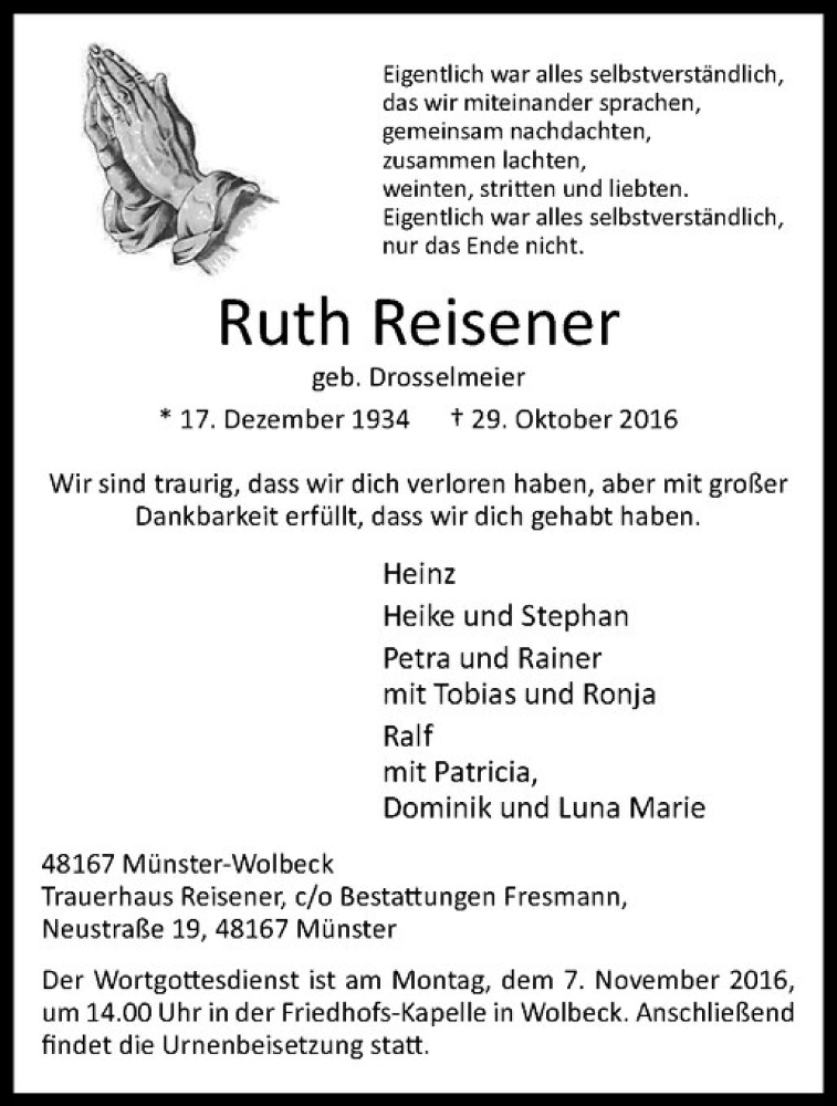  Traueranzeige für Ruth Reisener vom 03.11.2016 aus Westfälische Nachrichten