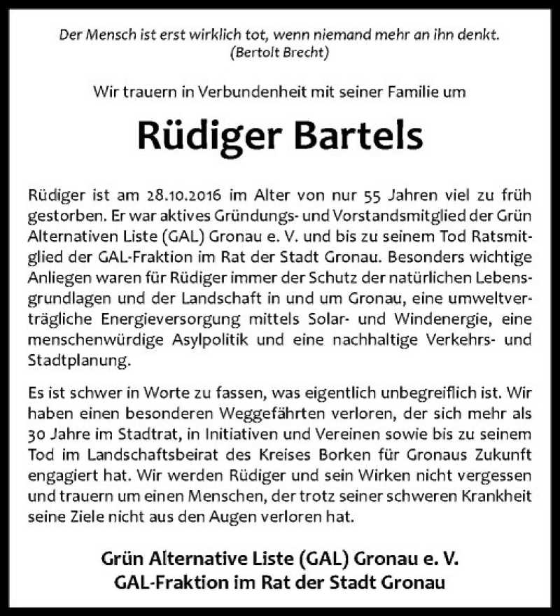  Traueranzeige für Rüdiger Bartels vom 04.11.2016 aus Westfälische Nachrichten