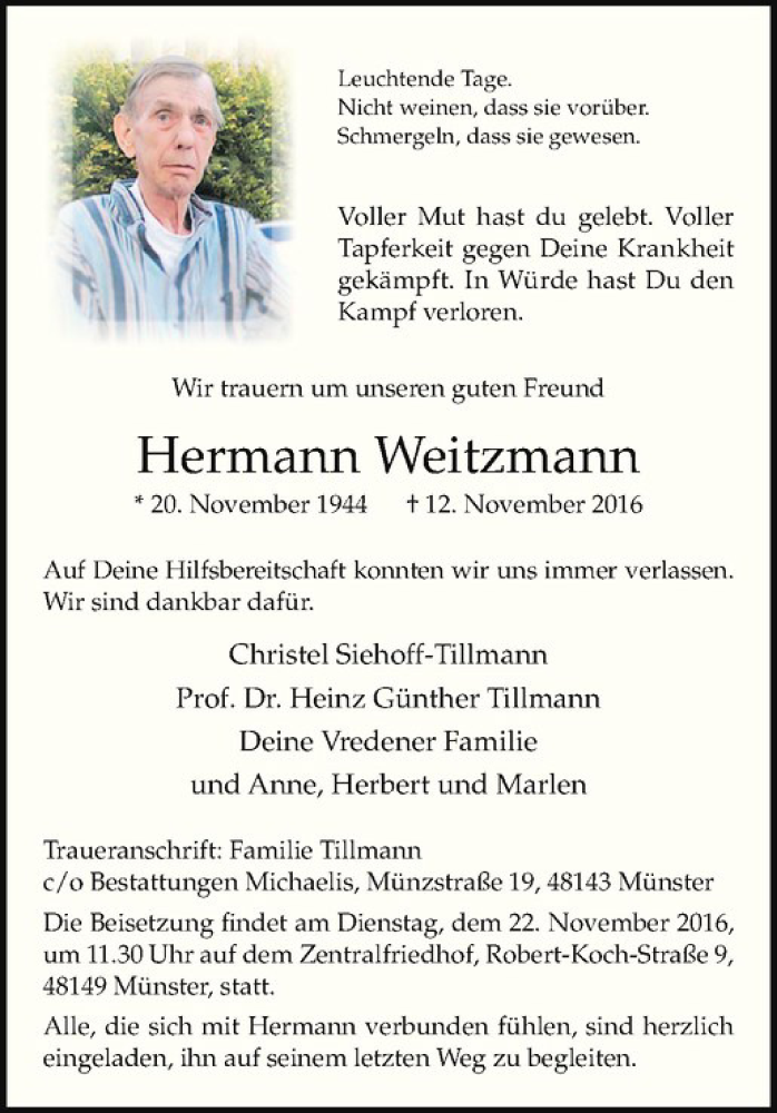  Traueranzeige für Hermann Weitzmann vom 19.11.2016 aus Westfälische Nachrichten