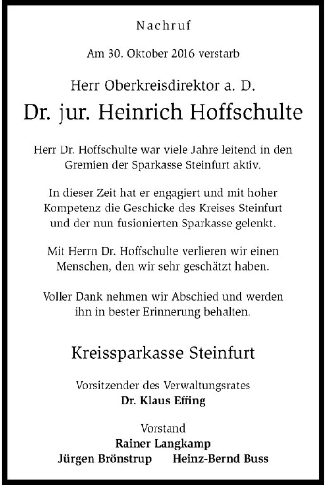  Traueranzeige für Heinrich Hoffschulte vom 05.11.2016 aus Westfälische Nachrichten