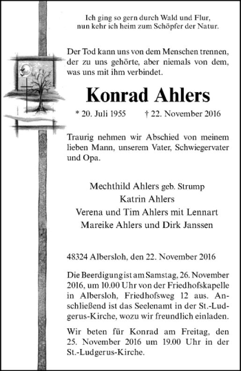 Anzeige von Konrad Ahlers von Westfälische Nachrichten