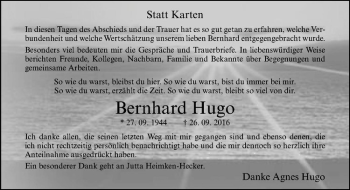Anzeige von Bernhard Hugo von Westfälische Nachrichten