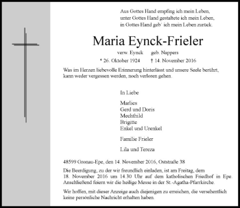 Anzeige von Maria Eynck-Frieler von Westfälische Nachrichten
