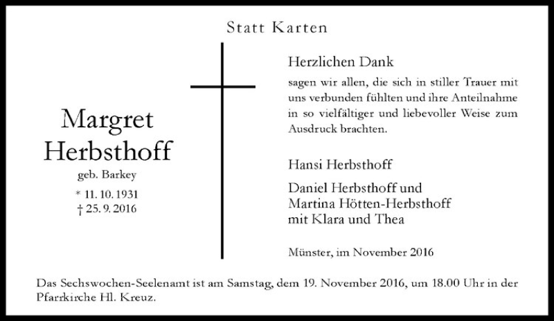  Traueranzeige für Margret Herbsthoff vom 17.11.2016 aus Westfälische Nachrichten