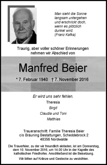 Anzeige von Manfred Beier von Westfälische Nachrichten
