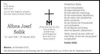 Anzeige von Alfons Josef Sollik von Westfälische Nachrichten