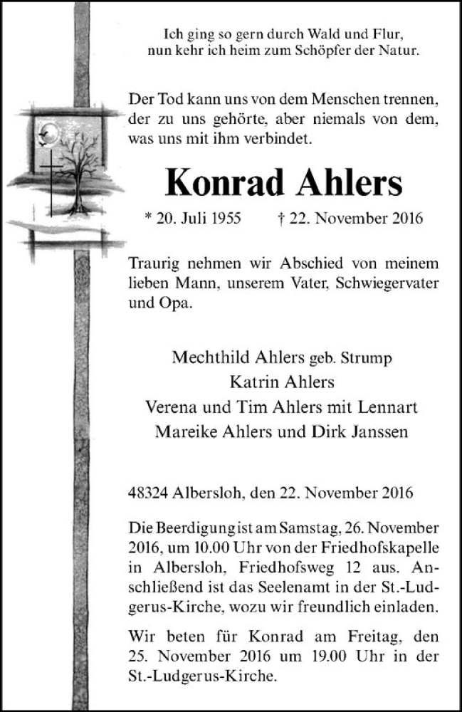  Traueranzeige für Konrad Ahlers vom 25.11.2016 aus Westfälische Nachrichten