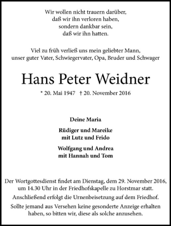 Anzeige von Hans Peter Weidner von Westfälische Nachrichten