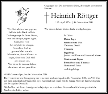 Anzeige von Heinrich Röttger von Westfälische Nachrichten