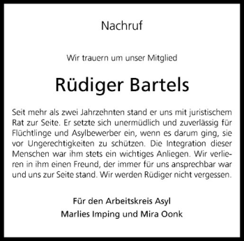 Anzeige von Rüdiger Bartels von Westfälische Nachrichten