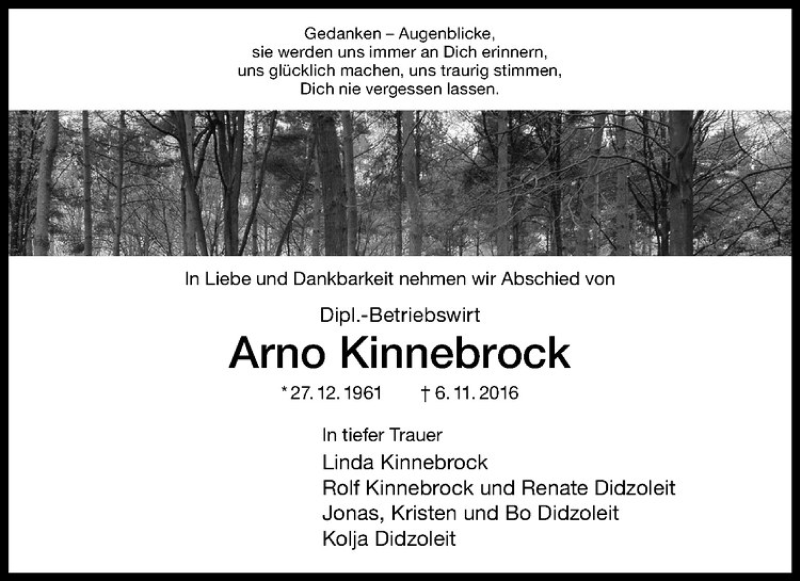  Traueranzeige für Arno Kinnebrock vom 19.11.2016 aus Westfälische Nachrichten