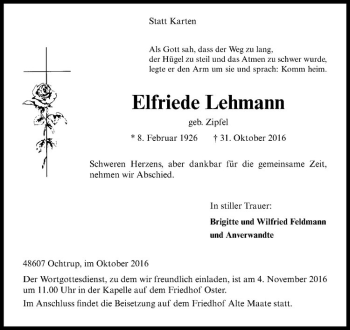 Anzeige von Elfriede Lehmann von Westfälische Nachrichten