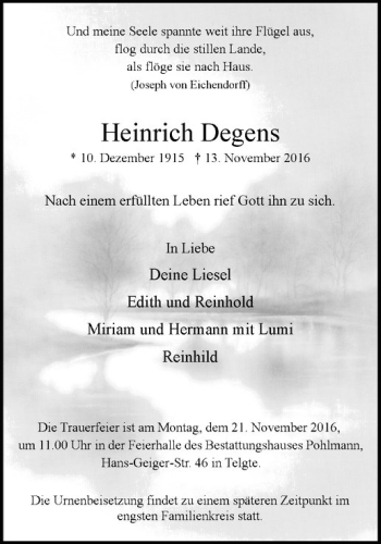 Anzeige von Heinrich Degens von Westfälische Nachrichten