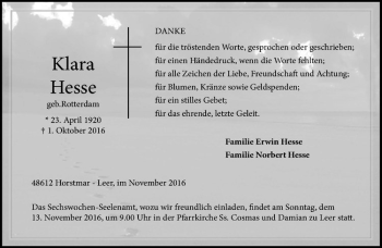 Anzeige von Klara Hesse von Westfälische Nachrichten