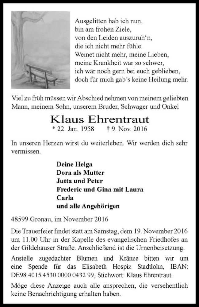  Traueranzeige für Klaus Ehrentraut vom 16.11.2016 aus Westfälische Nachrichten
