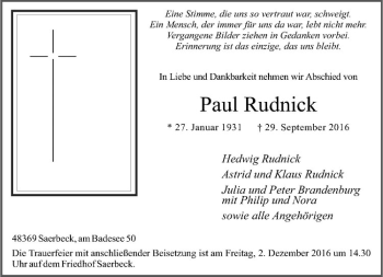 Anzeige von Paul Rudnick von Westfälische Nachrichten
