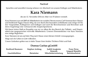 Anzeige von Kara Niemann von Westfälische Nachrichten