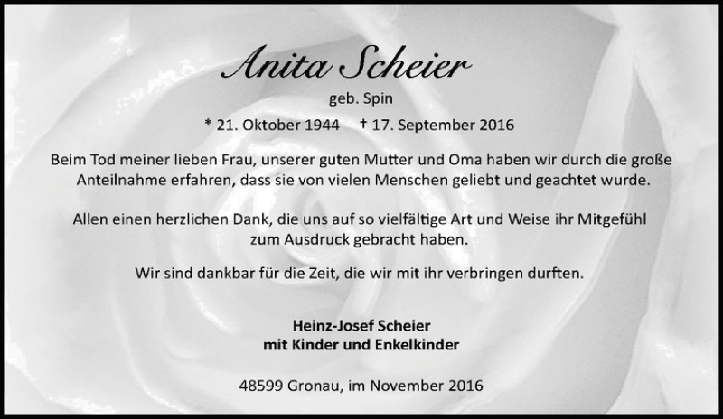 Traueranzeige für Anita Scheier vom 23.11.2016 aus Westfälische Nachrichten