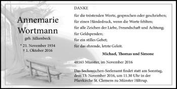 Anzeige von Annemarie Wortmann von Westfälische Nachrichten