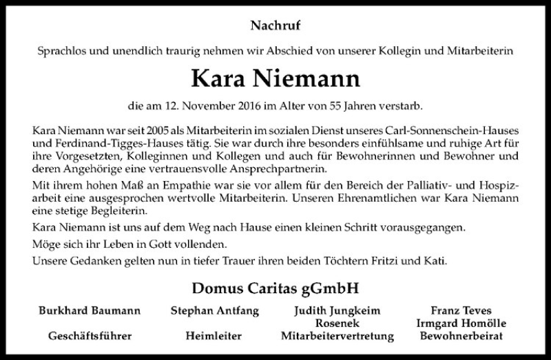  Traueranzeige für Kara Niemann vom 19.11.2016 aus Westfälische Nachrichten