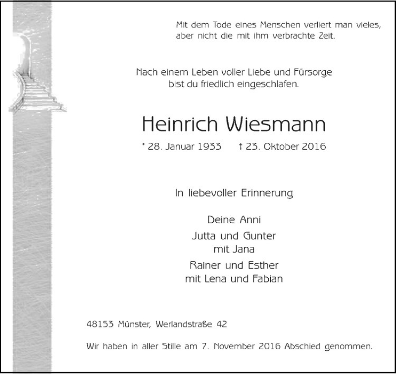  Traueranzeige für Heinrich Wiesmann vom 08.11.2016 aus Westfälische Nachrichten