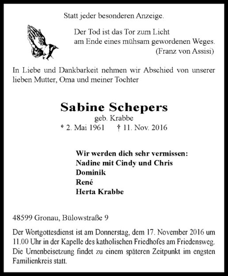  Traueranzeige für Sabine Schepers vom 14.11.2016 aus Westfälische Nachrichten