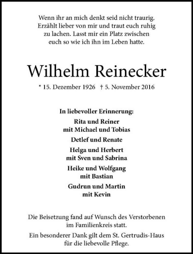  Traueranzeige für Wilhelm Reinecker vom 26.11.2016 aus Westfälische Nachrichten