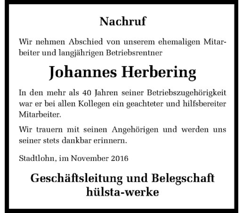  Traueranzeige für Johannes Herbering vom 03.11.2016 aus Westfälische Nachrichten