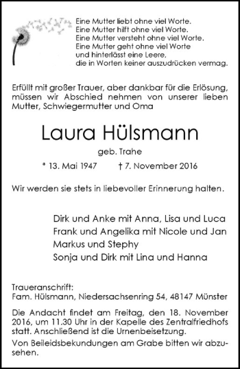 Anzeige von Laura Hülsmann von Westfälische Nachrichten