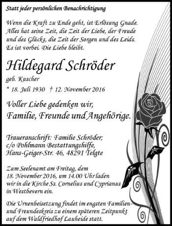 Anzeige von Hildegard Schröder von Westfälische Nachrichten