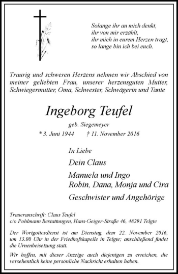 Anzeige von Ingeborg Teufel von Westfälische Nachrichten