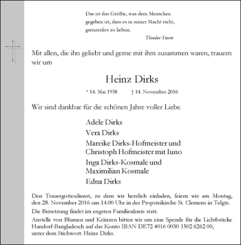 Anzeige von Heinz Dirks von Westfälische Nachrichten