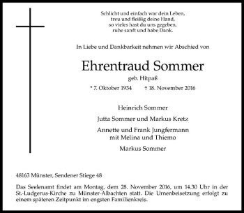 Anzeige von Ehrentraud Sommer von Westfälische Nachrichten