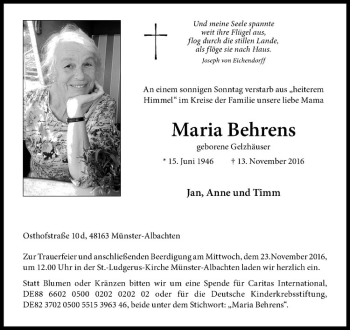Anzeige von Maria Behrens von Westfälische Nachrichten