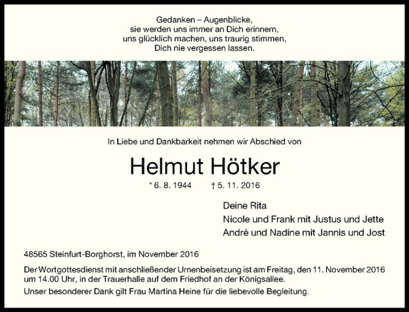  Traueranzeige für Helmut Hötker vom 09.11.2016 aus Westfälische Nachrichten