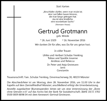 Anzeige von Gertrud Grotmann von Westfälische Nachrichten